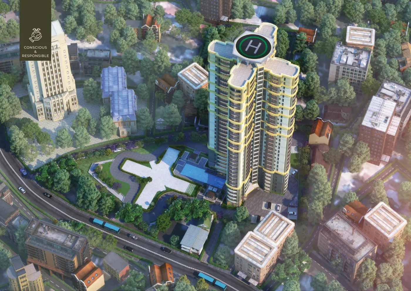 Aerial view of Purva Starreach within the surrounding Kakkanad neighbourhood