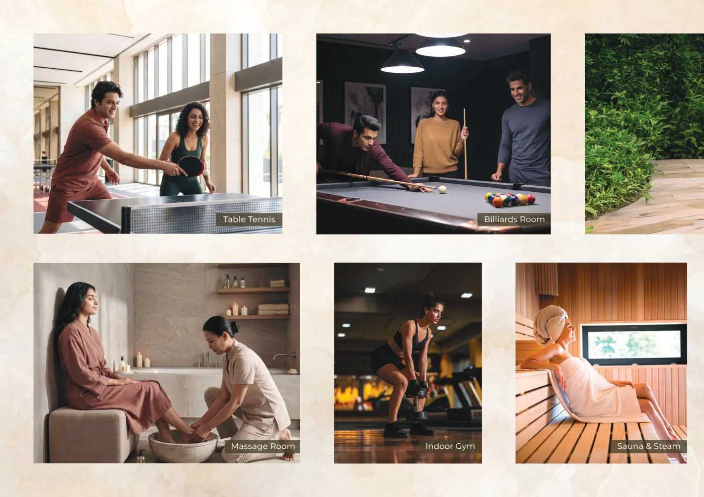 Table tennis, billiards room, massage room, indoor gym and sauna