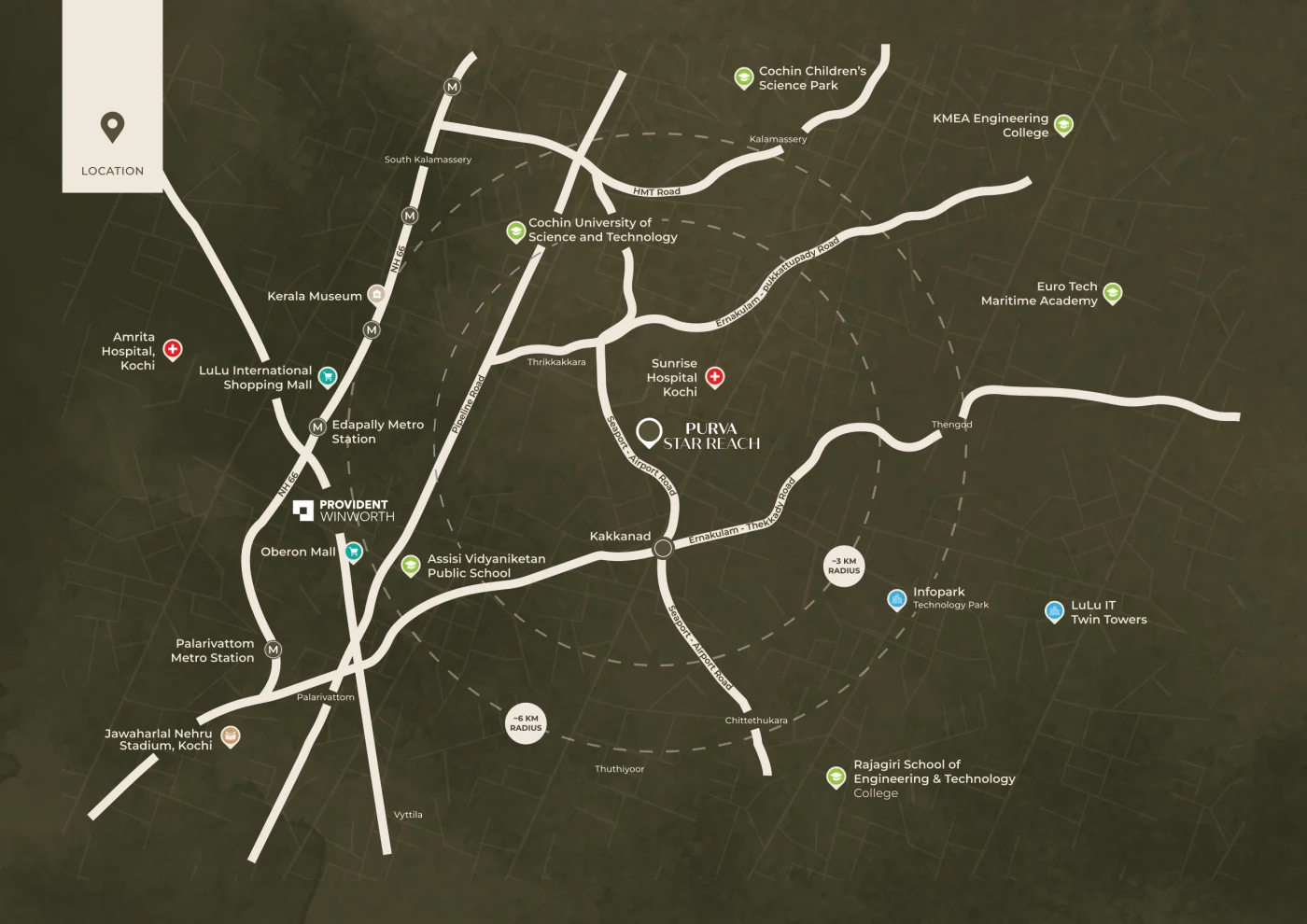 Locality map showing Purva Starreach on the Seaport-Airport Road, with Infopark, SmartCity, schools and hospitals marked