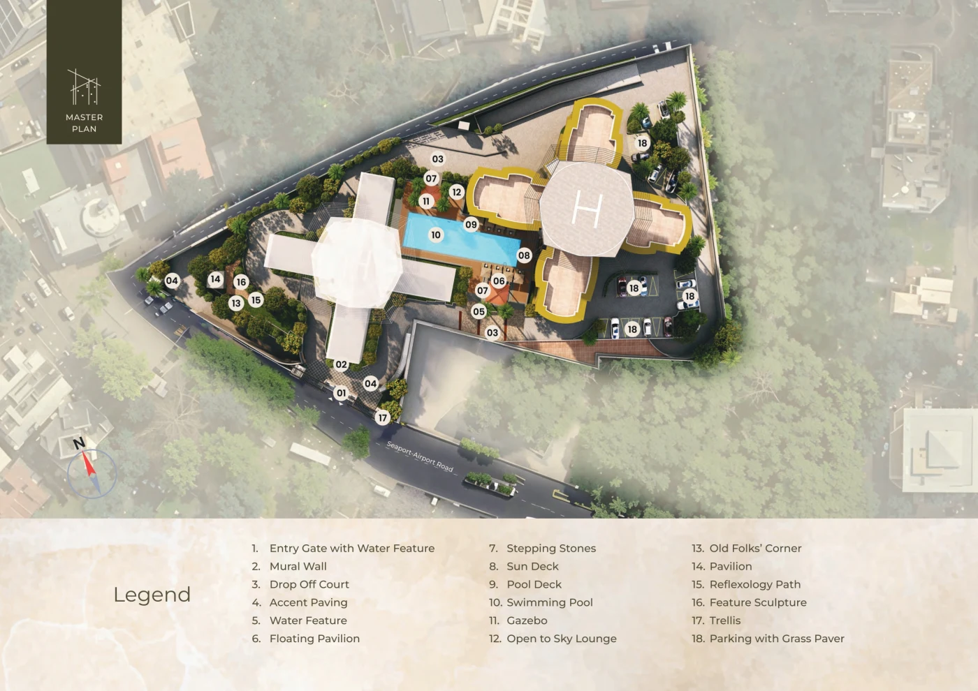 Master plan of the Purva Starreach site showing the tower, pool deck, landscaped courts and parking