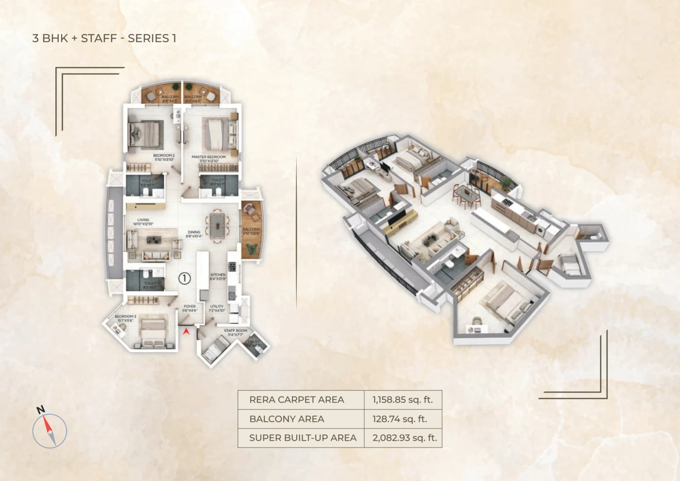 Floor plan of Series 01, a South-facing 3 BHK with staff room