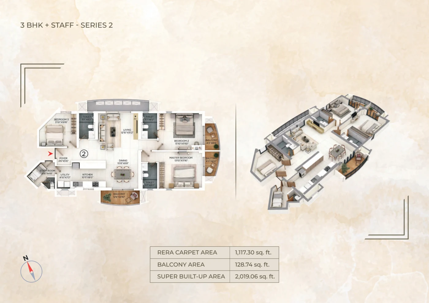 Floor plan of Series 02, a West-facing 3 BHK with staff room