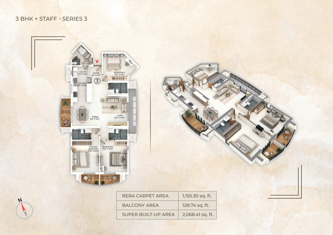 Floor plan of Series 03, a North-facing 3 BHK with staff room