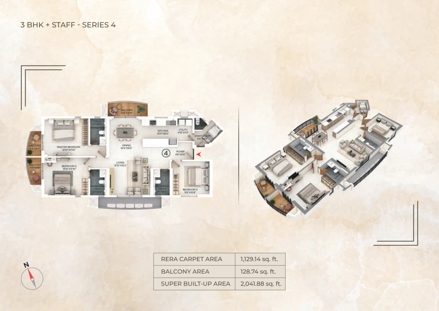 Floor plan of Series 04, a East-facing 3 BHK with staff room