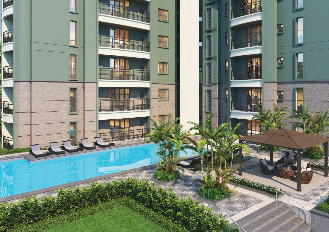 Swimming pool and deck at the base of the tower